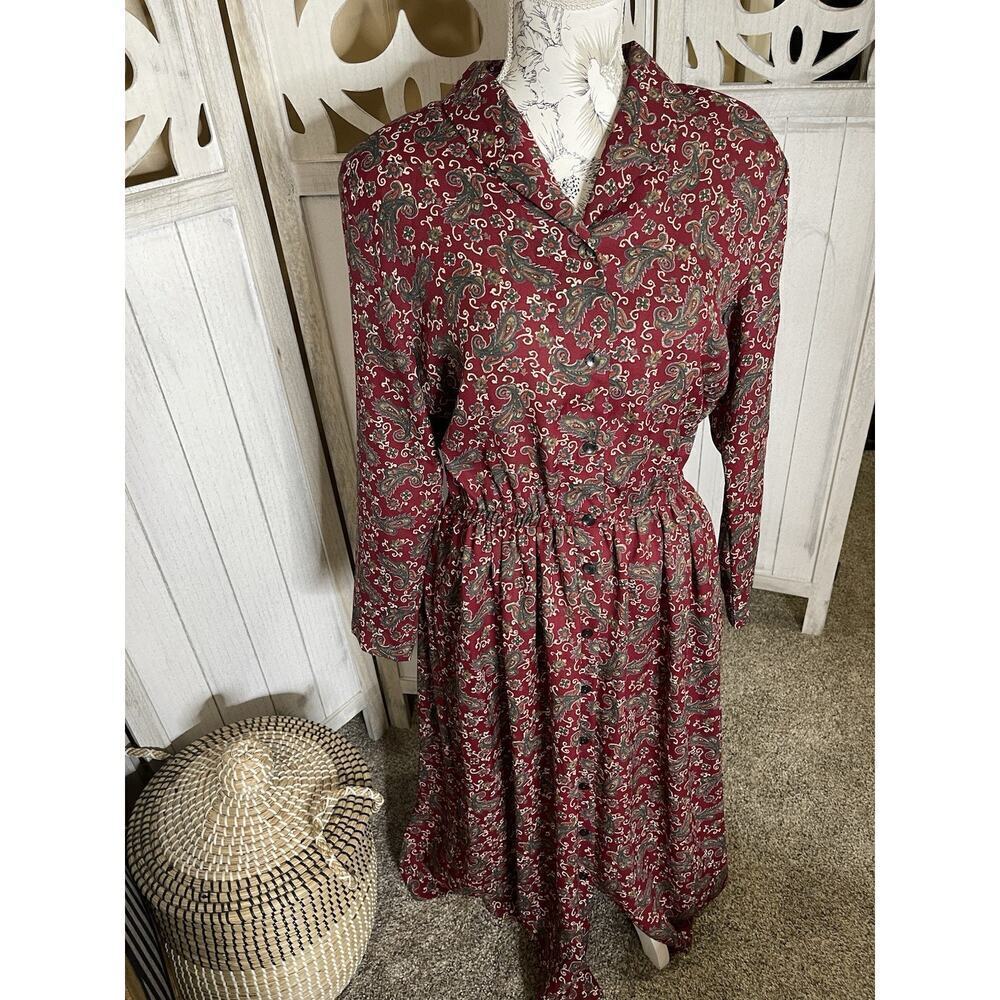 Vintage 90s Carroll Reed Red Paisley Dress Button Midi Teacher Core Size 12